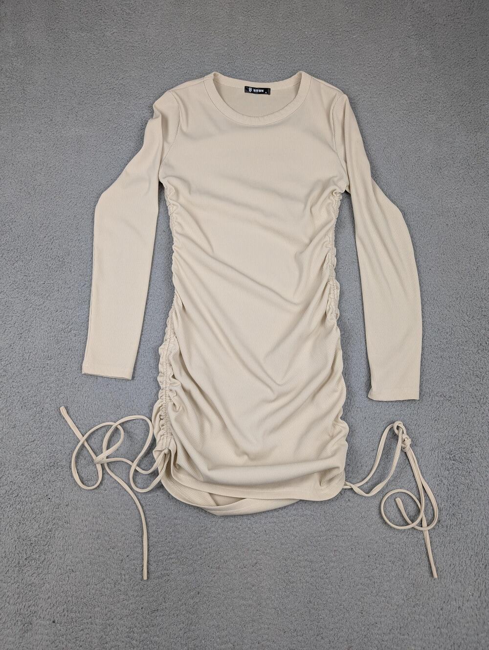 BTFBM Dress Womens Small Beige Ruched Side Long Sleeve Bodycon Ribbed Mini
